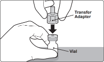 Step 1: Remove vial cap and push transfer adapter onto vial (lyophilized vaccine component).