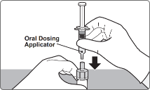 Step 2: Shake diluent in oral dosing applicator. Connect oral dosing applicator to transfer adapter.
